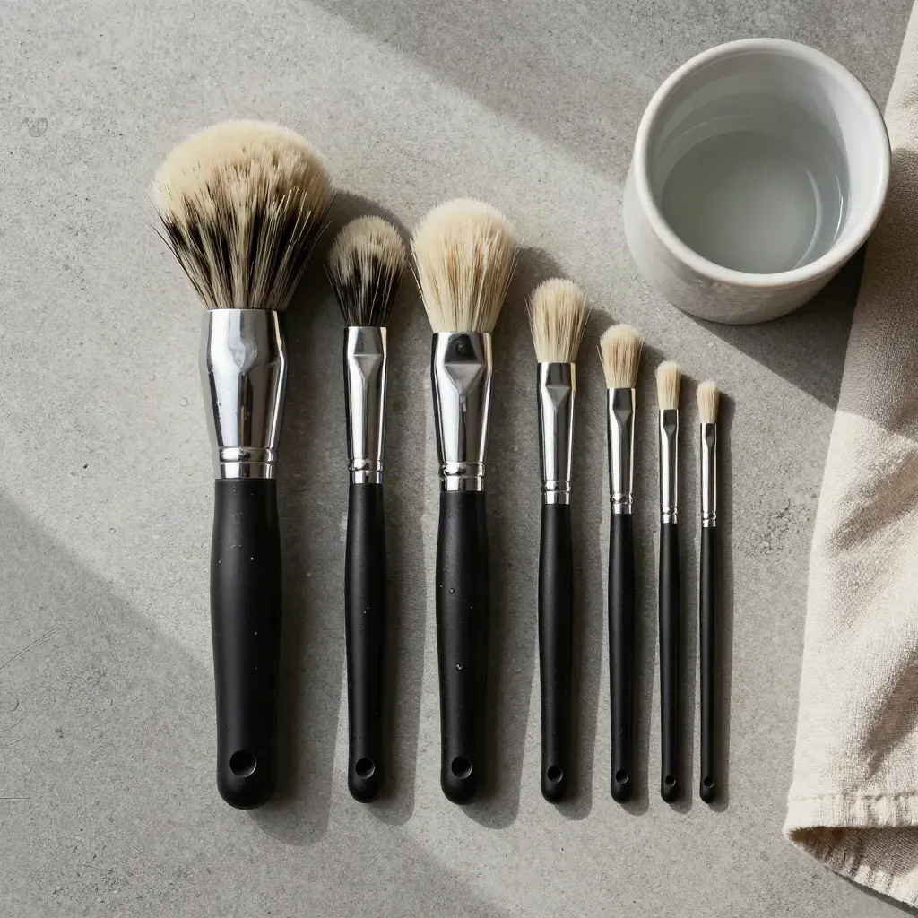 Overhead flatlay of round brushes, rinse cup and cloth on cool concrete with soft daylight.