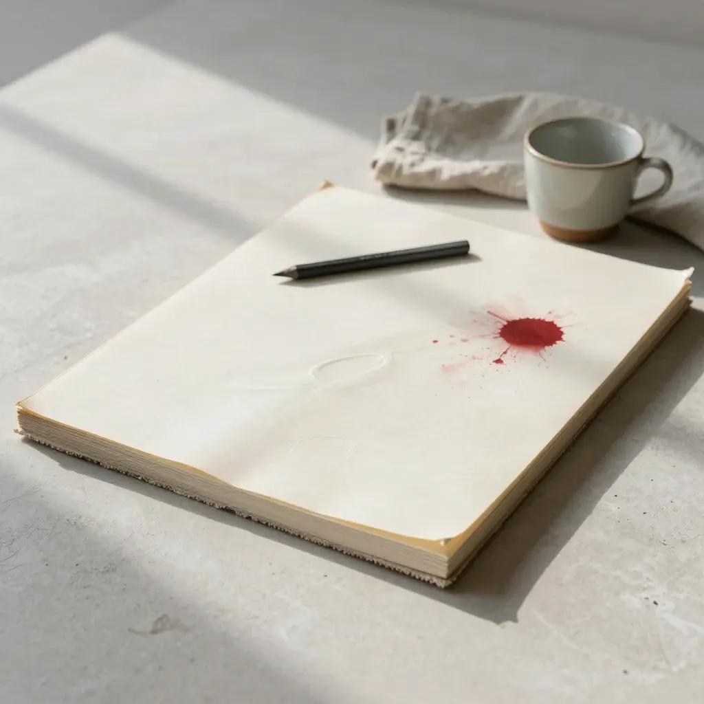 Mixed media pad with drying wash on plaster, graphite sticks, cloth, and water cup