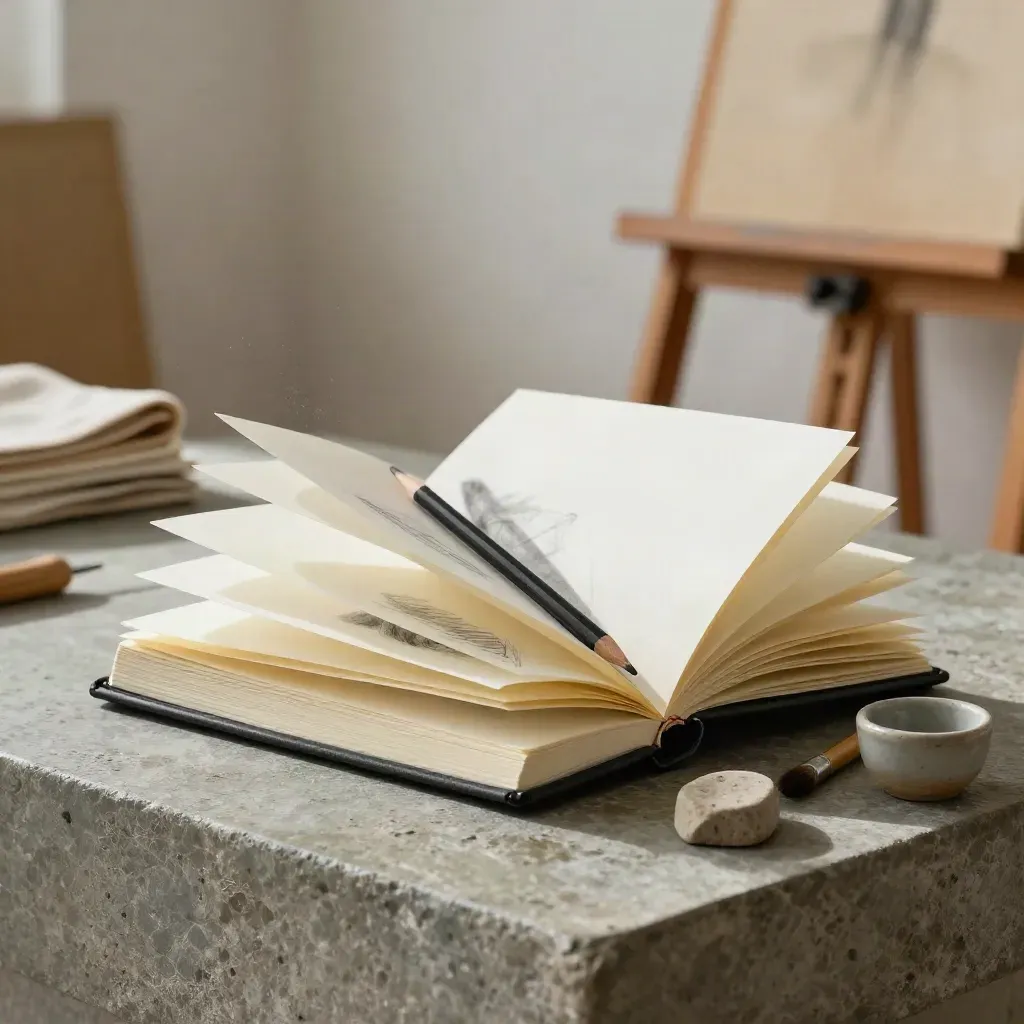 Open black hardback sketchbook with pencil, eraser and brush on sage stone in soft morning light