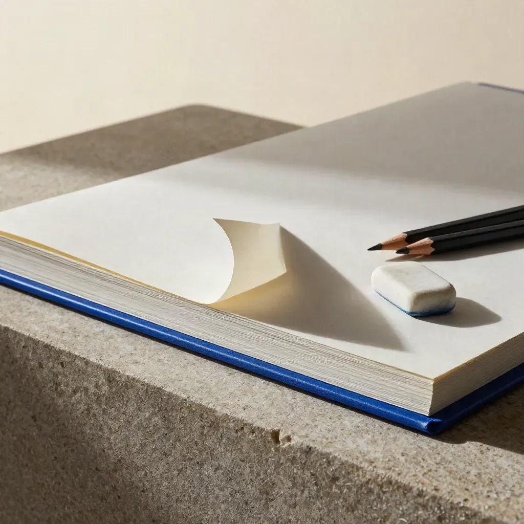 Macro drawing pad on stone with pencils, eraser and a curled page edge in raking light.