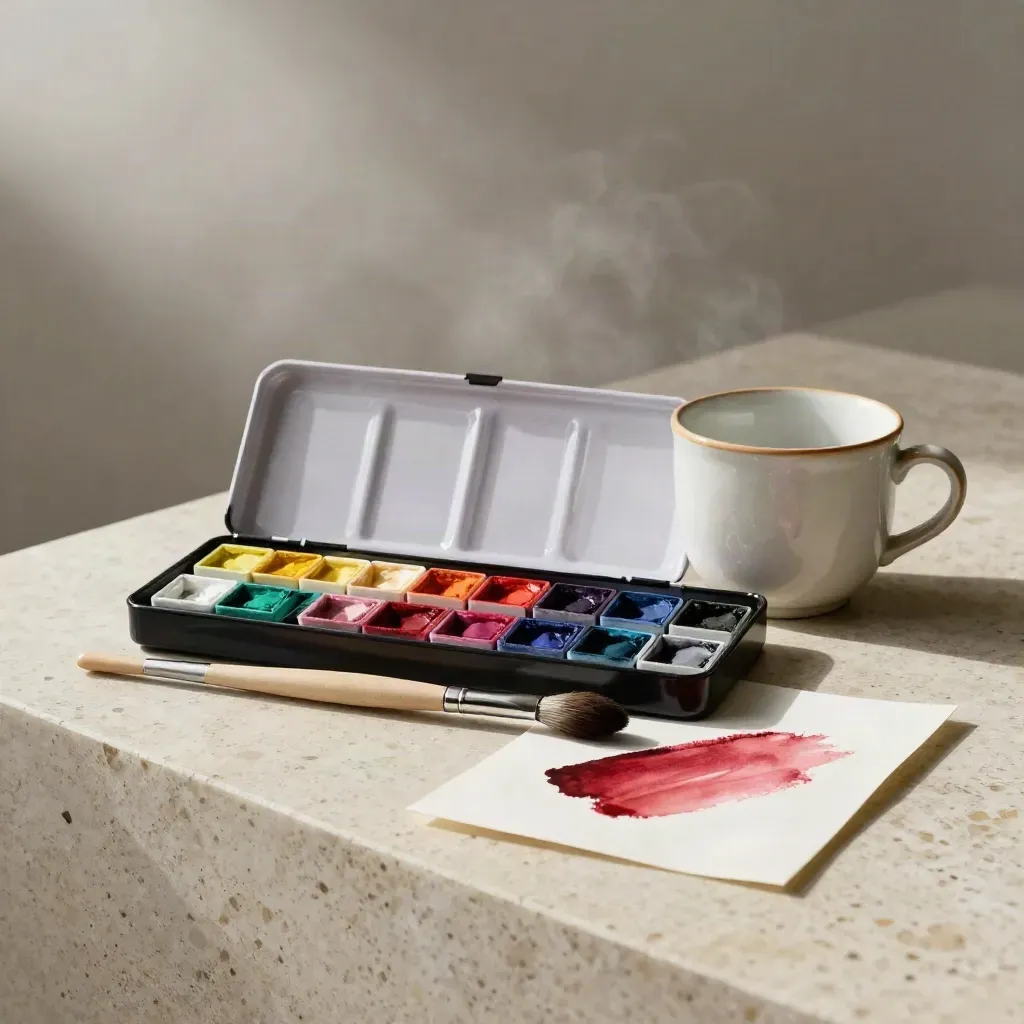 Opened watercolour set with brush, cup and swatch on travertine, with misty light