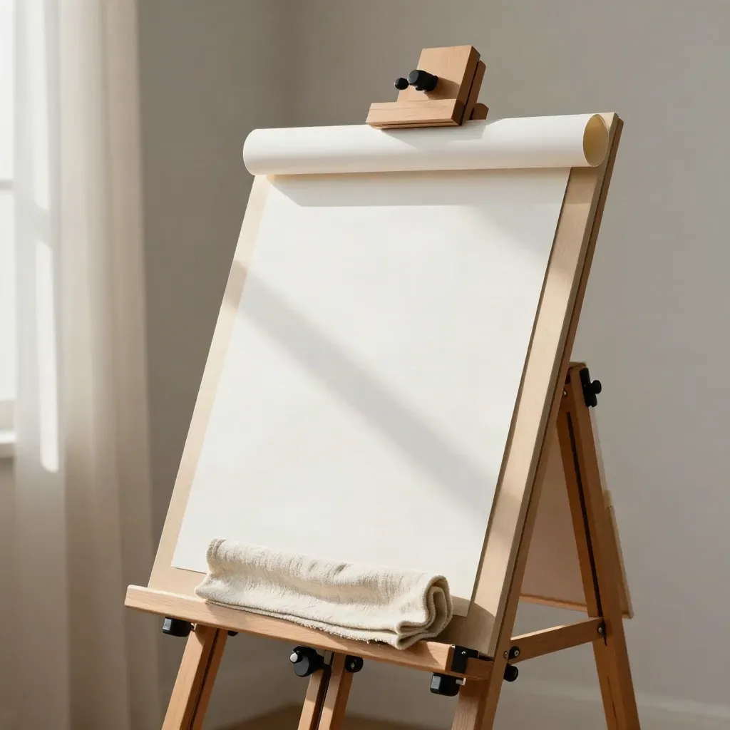 Adjustable table easel with board, rolled paper, and linen rag in a bright studio corner.
