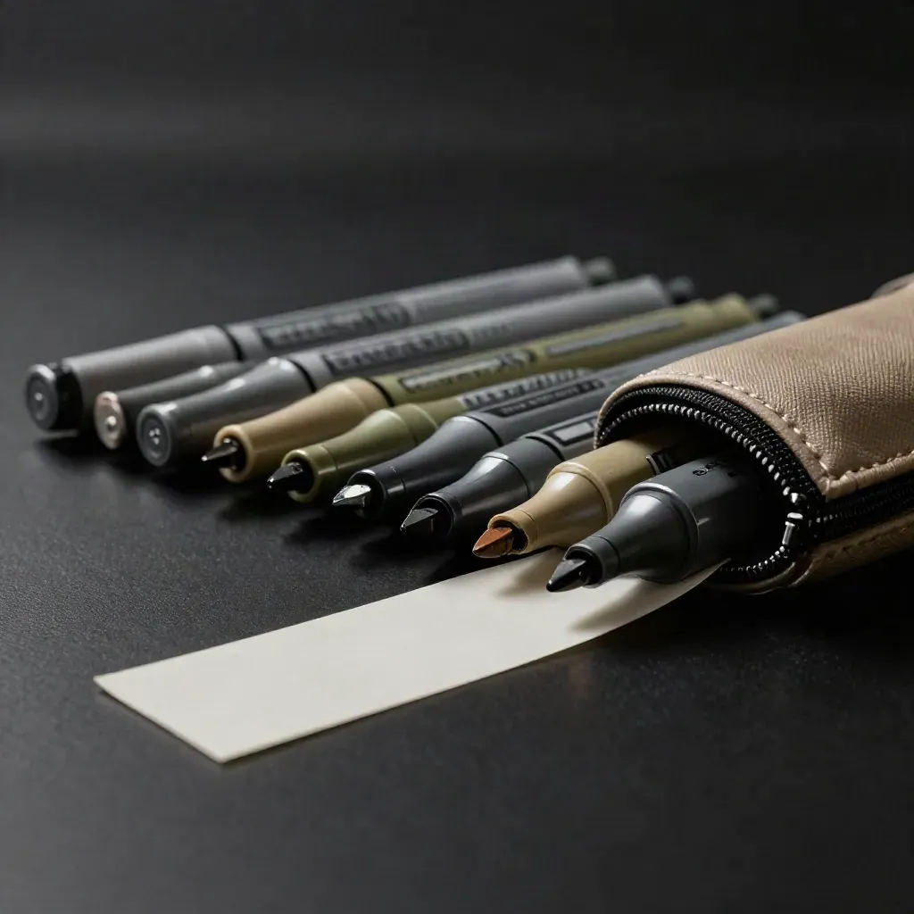 Dual tip markers fanned with pouch and offcut strips on matte black under dramatic rim light.