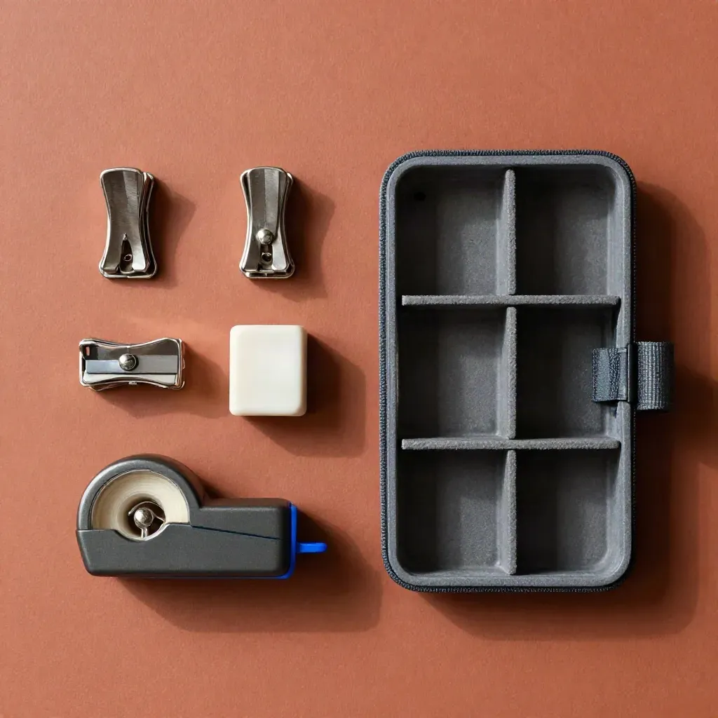 Overhead flatlay of a studio accessory kit with clips, sharpener, rubber, tape dispenser and folding case