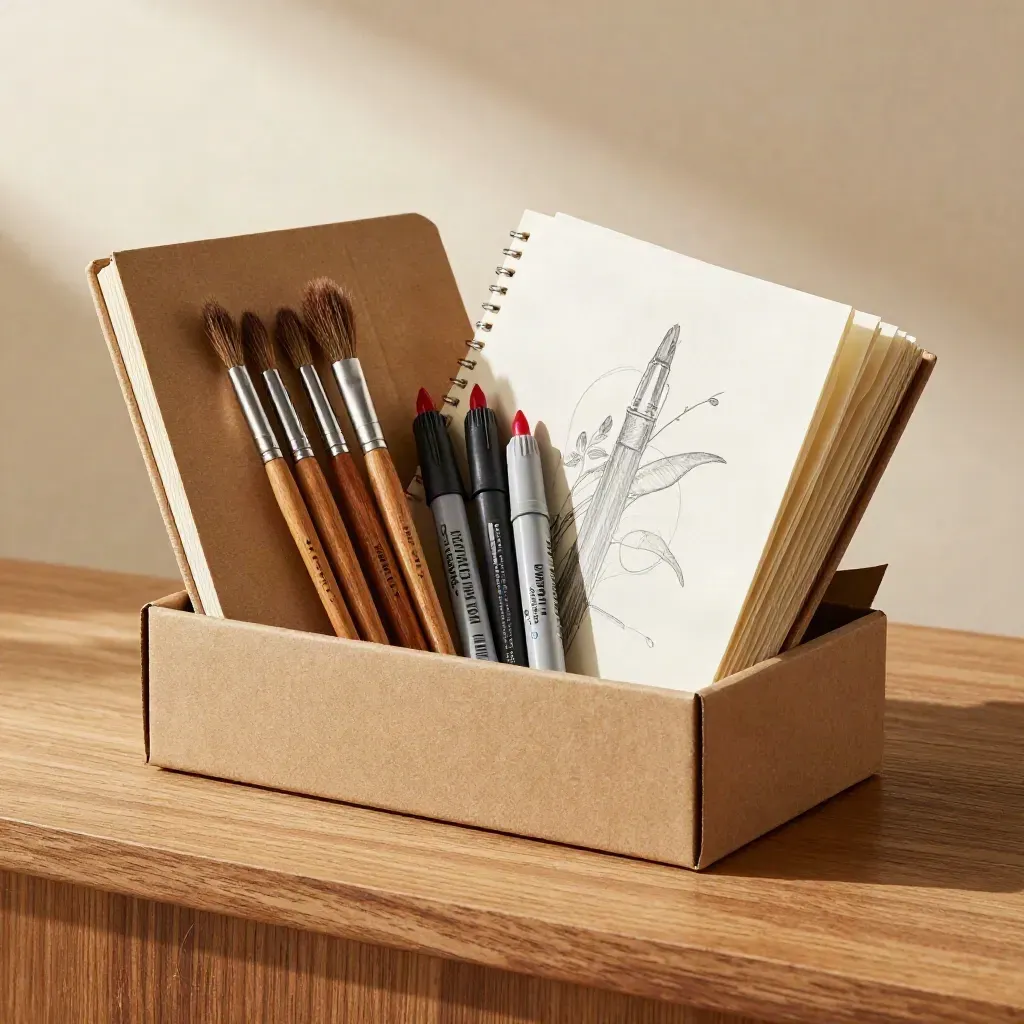 Unboxed art starter kit with sketchbook, brushes, markers and drawing pad on a warm plinth.