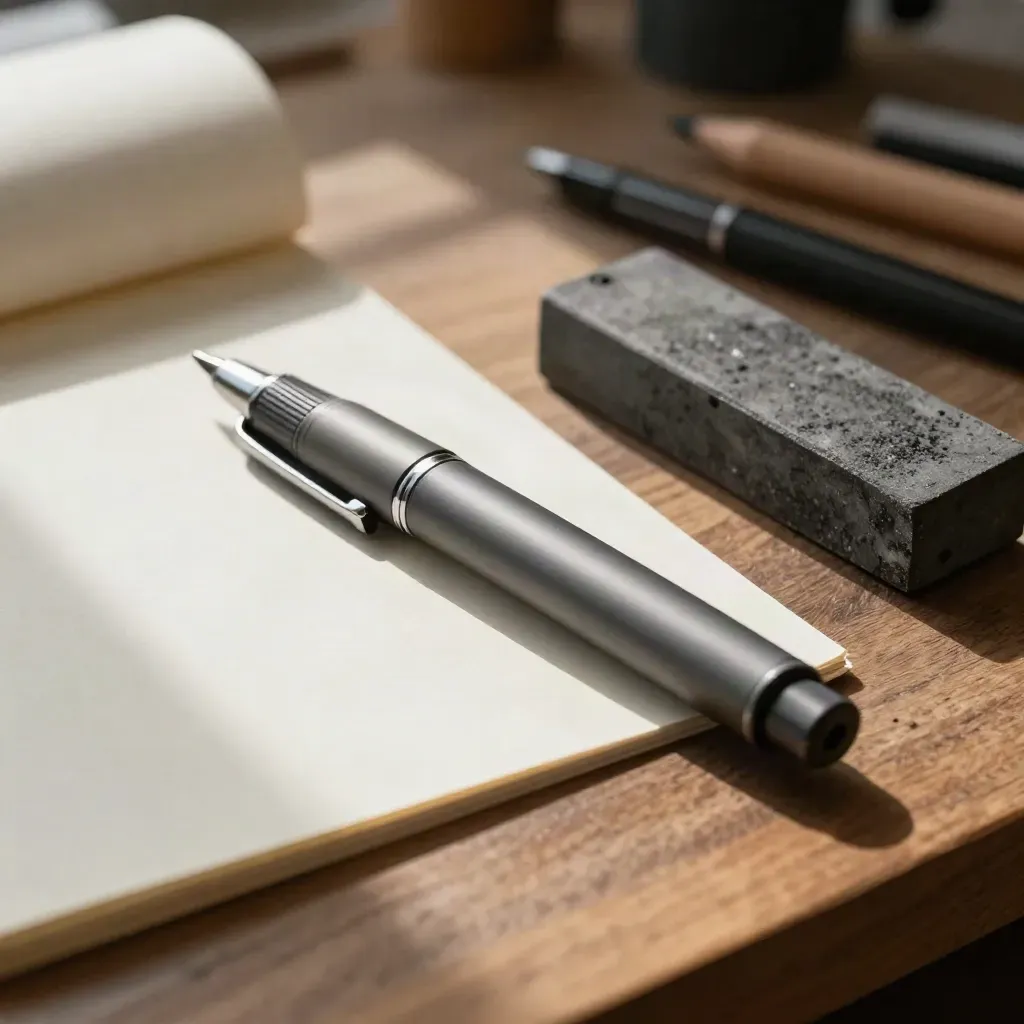 Slim fineliner pen set open beside paper offcuts and a graphite block on a walnut bench.