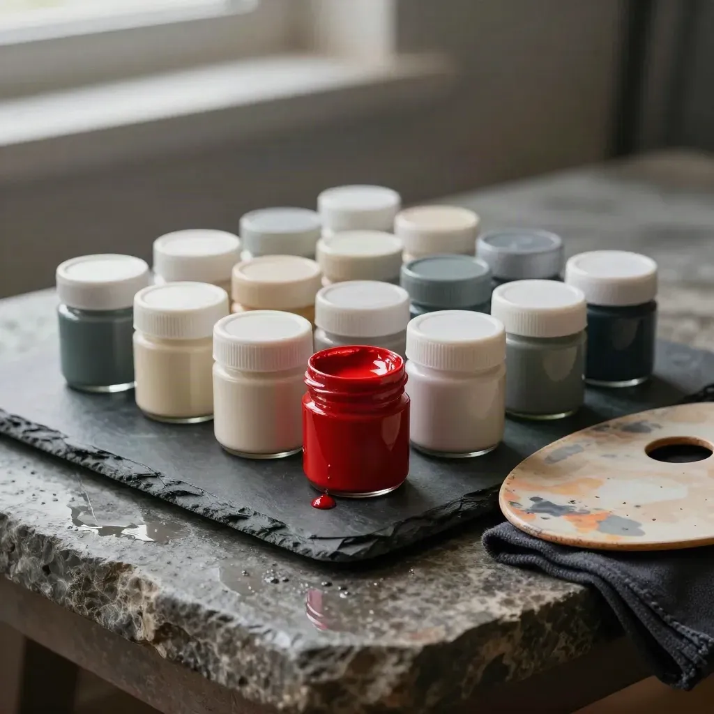 Twelve gouache jars on wet slate beside a ceramic palette and dark rag, lit by a dramatic side beam.