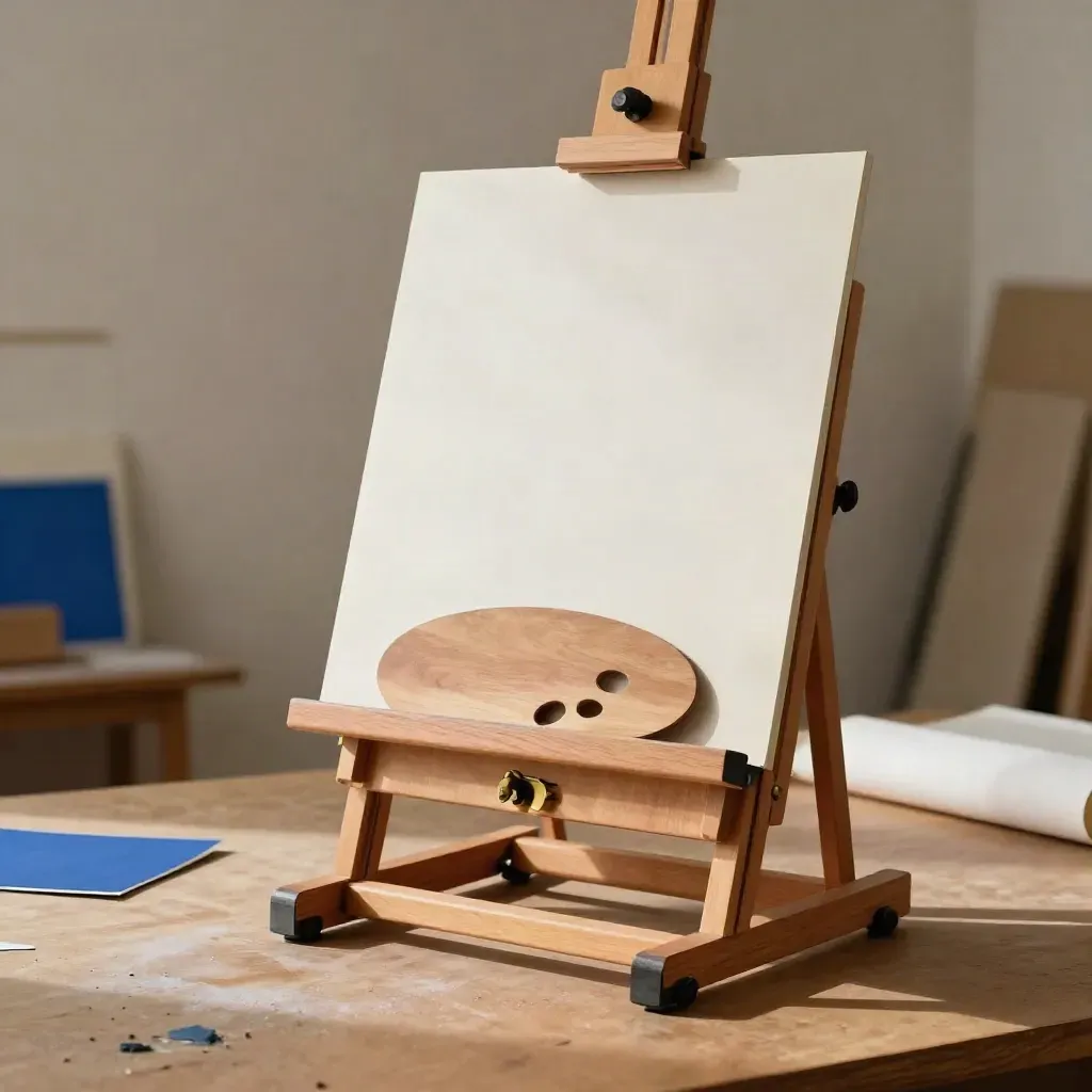 Low-angle studio hero of a beech tabletop easel with A3 board, palette, and rolled paper.