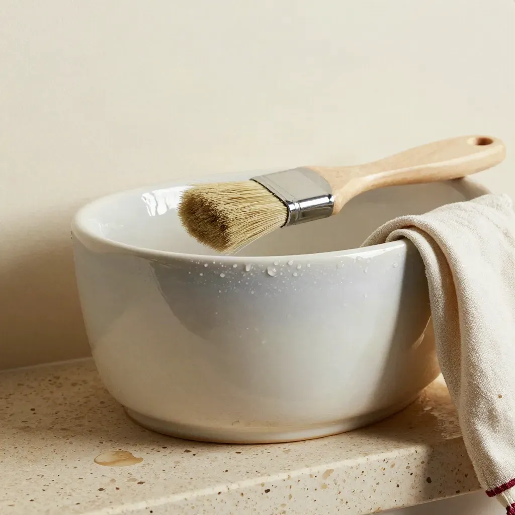 Macro of a two-chamber ceramic brush wash pot with brush, cloth and water droplets.
