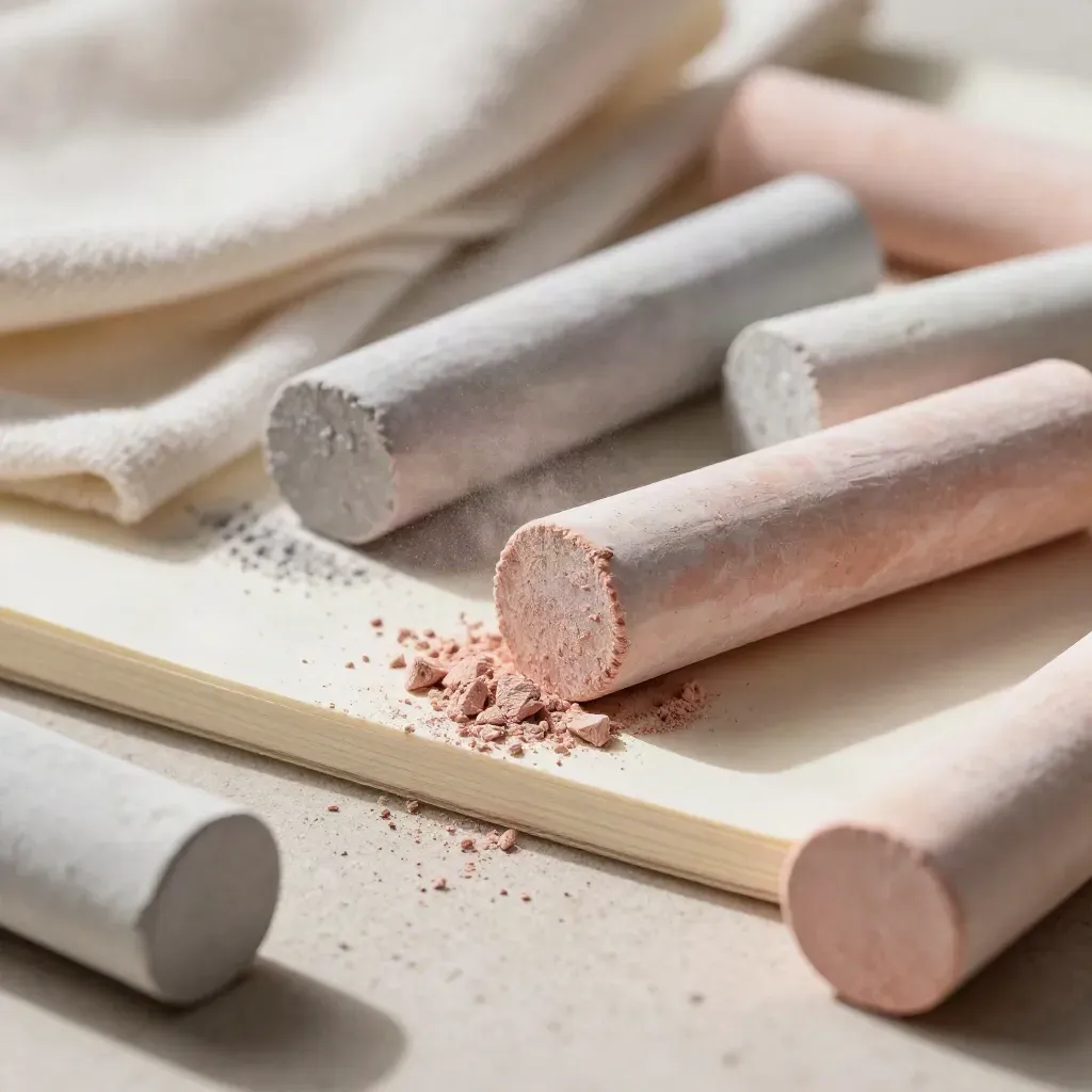 Macro pastel sticks with chalk dust, paper and cloth on a pale stone surface.