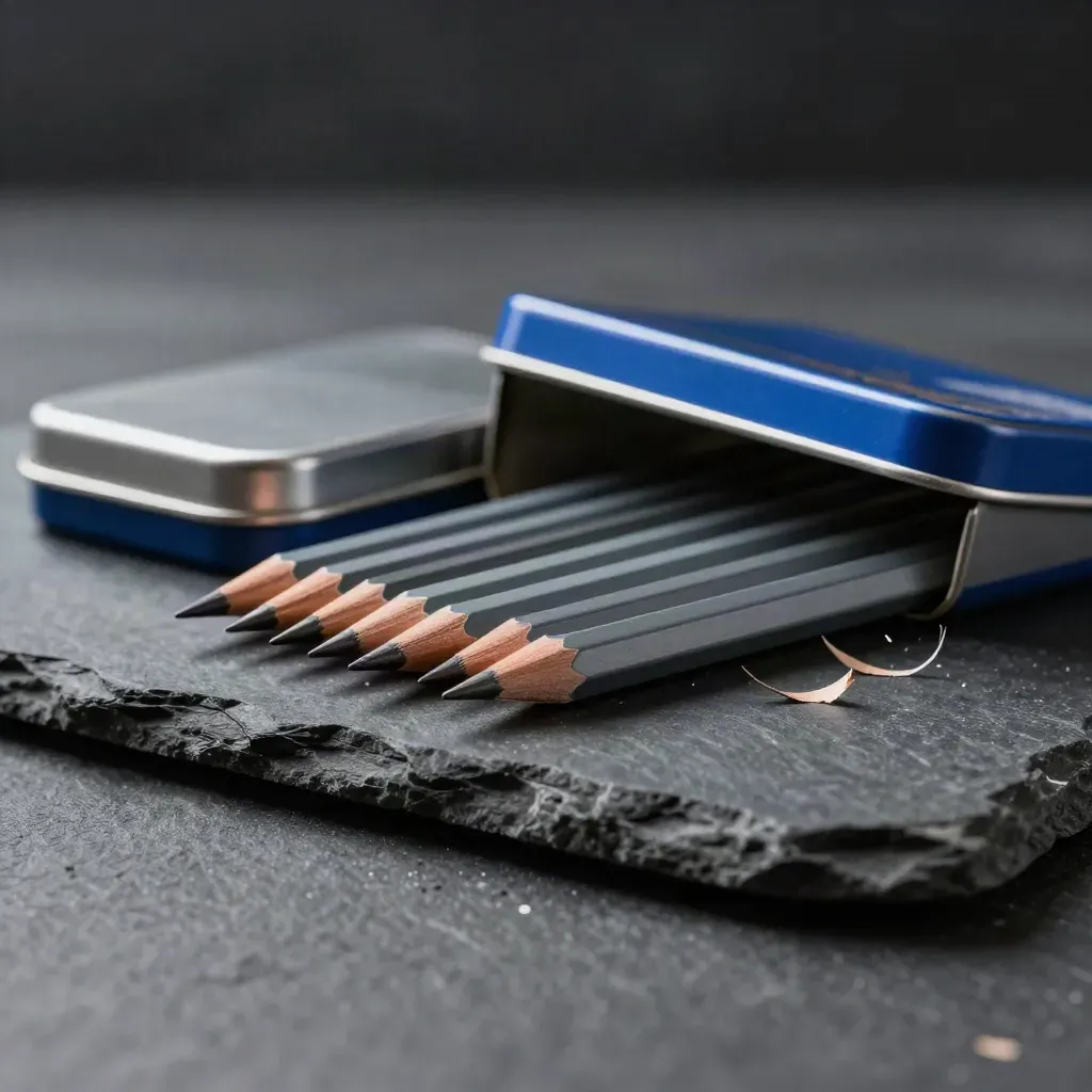 Opened pencil tin set with graphite pencils on dark stone, lit dramatically with blue rim light