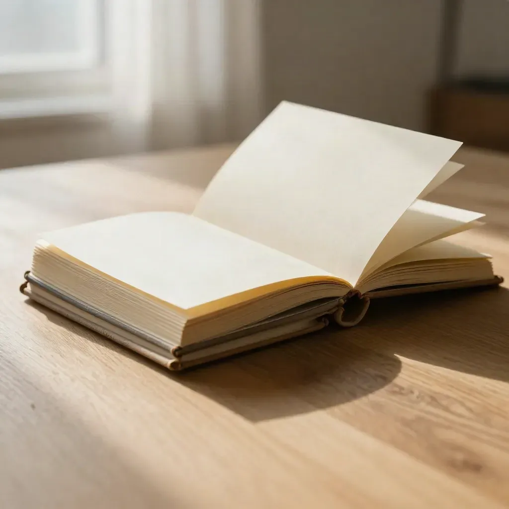 Cream sketchbooks on pale oak in soft morning light, open page fluttering above calm copy space.