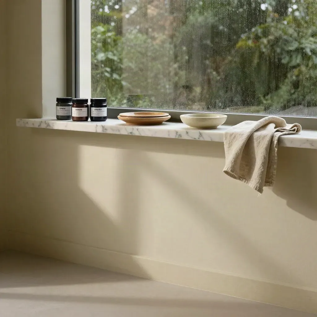 Sunlit atelier wall with marble ledge, paint jars, and ceramic mixing dishes.